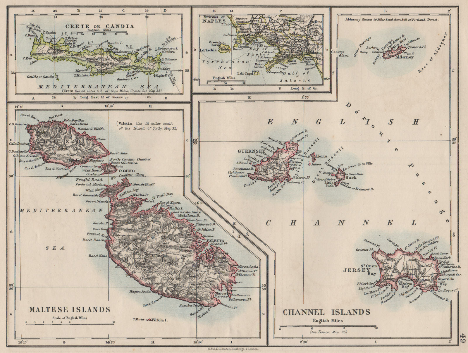 EUROPEAN ISLANDS.Malta Gozo Crete Capri Jersey Guernsey Sark.  JOHNSTON 1900 map